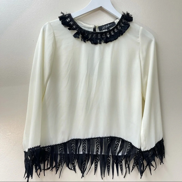 Jeff GALLANO ivory blouse with‎ feather fringe trim - Picture 4 of 6